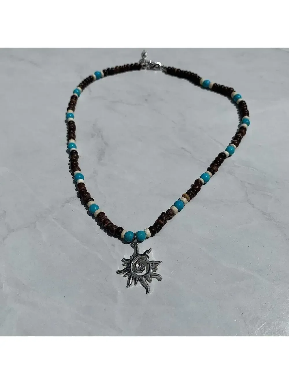 Y2k 2000s style Wood Beaded dark brown and blue mixed wood Necklace with Cyber
